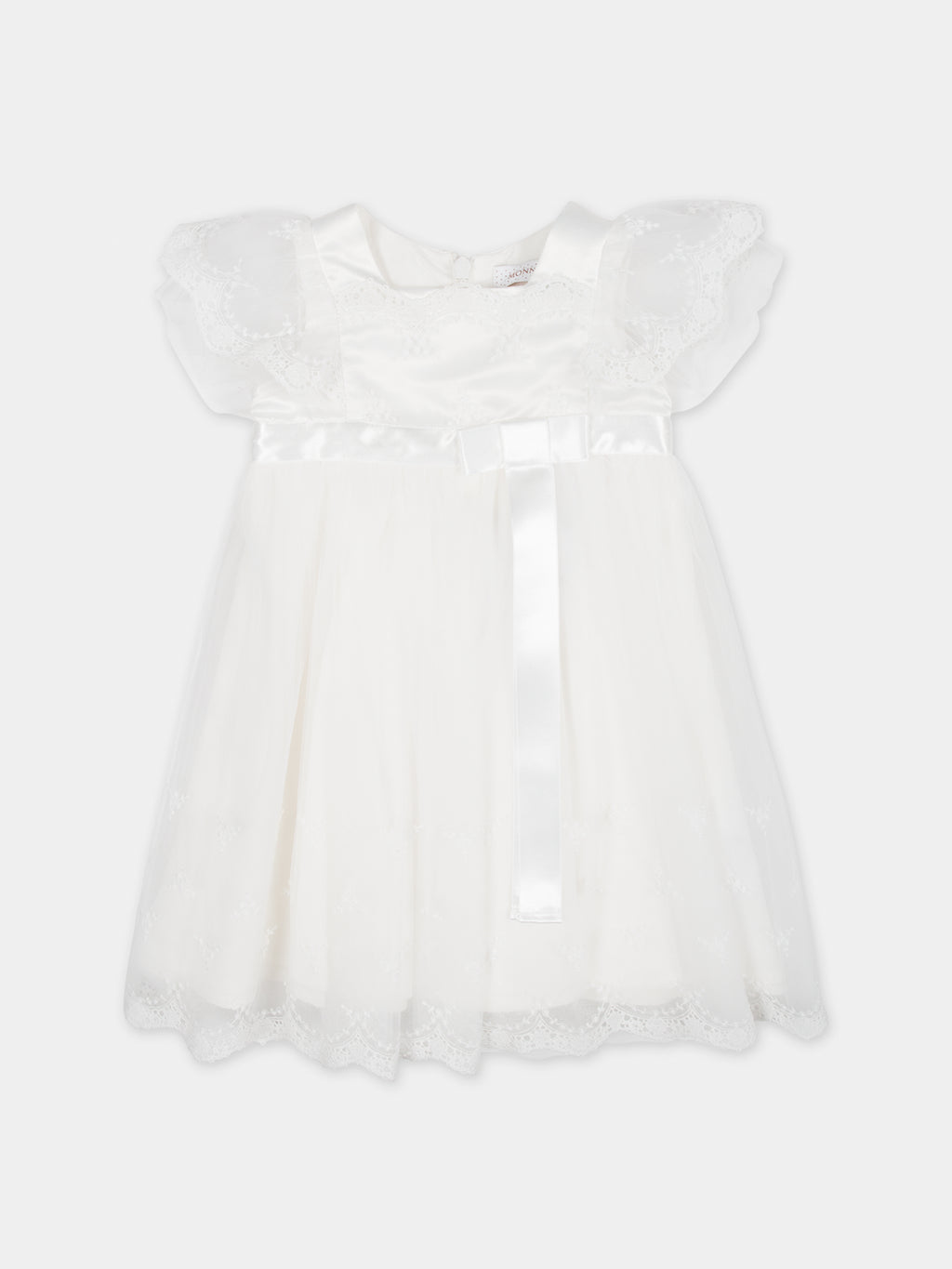 White dress for baby girl with embroidery and bow